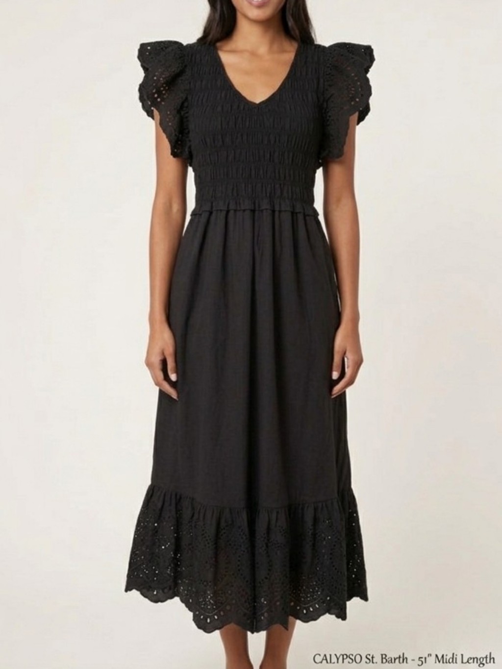 Calypso St Barth Black Smocked Milkmaid Eyelet Flutter Sleeve Midi Dress S